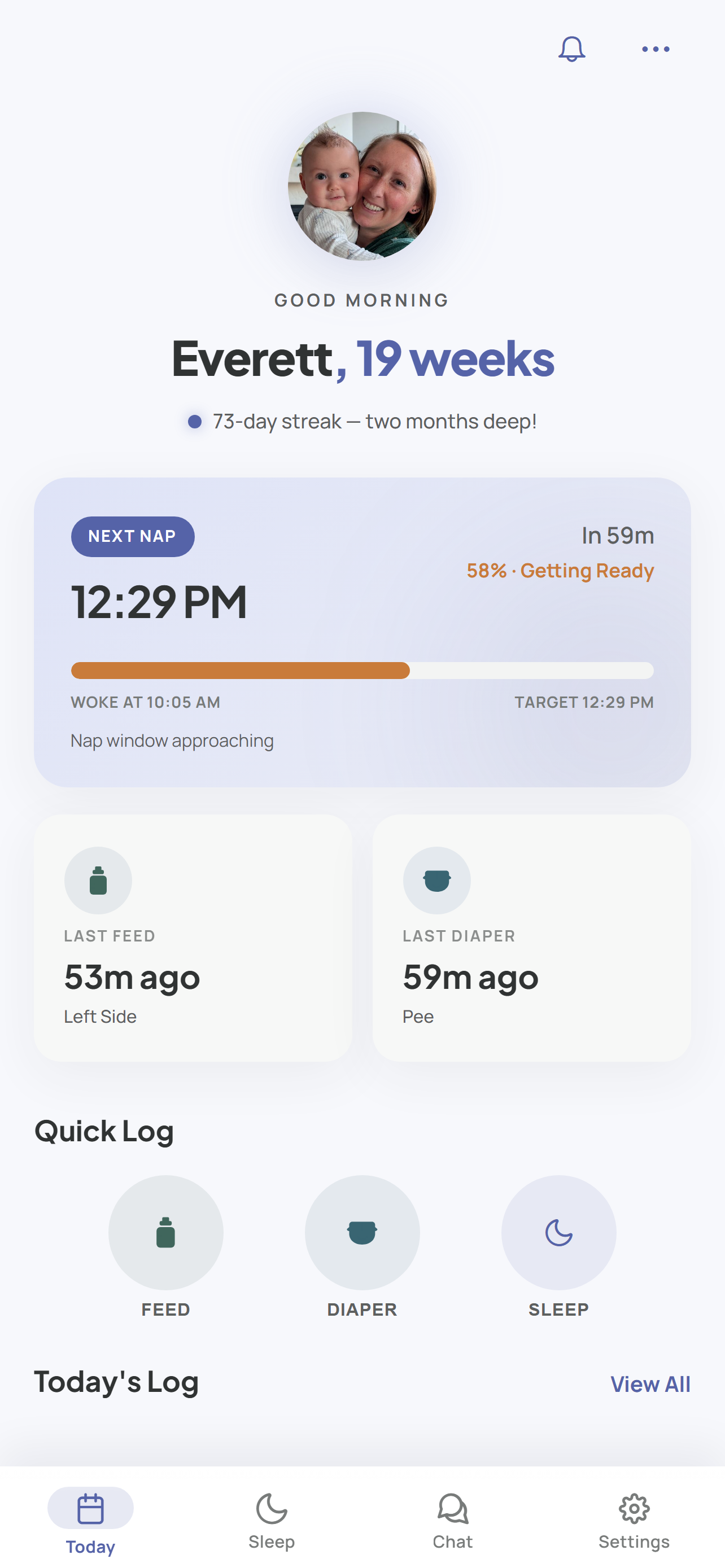 LunaLog dashboard showing the baby's full day