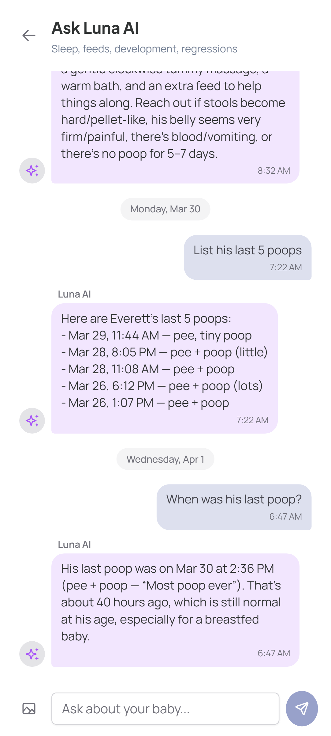 LunaLog AI chat answering questions about the baby's recent data