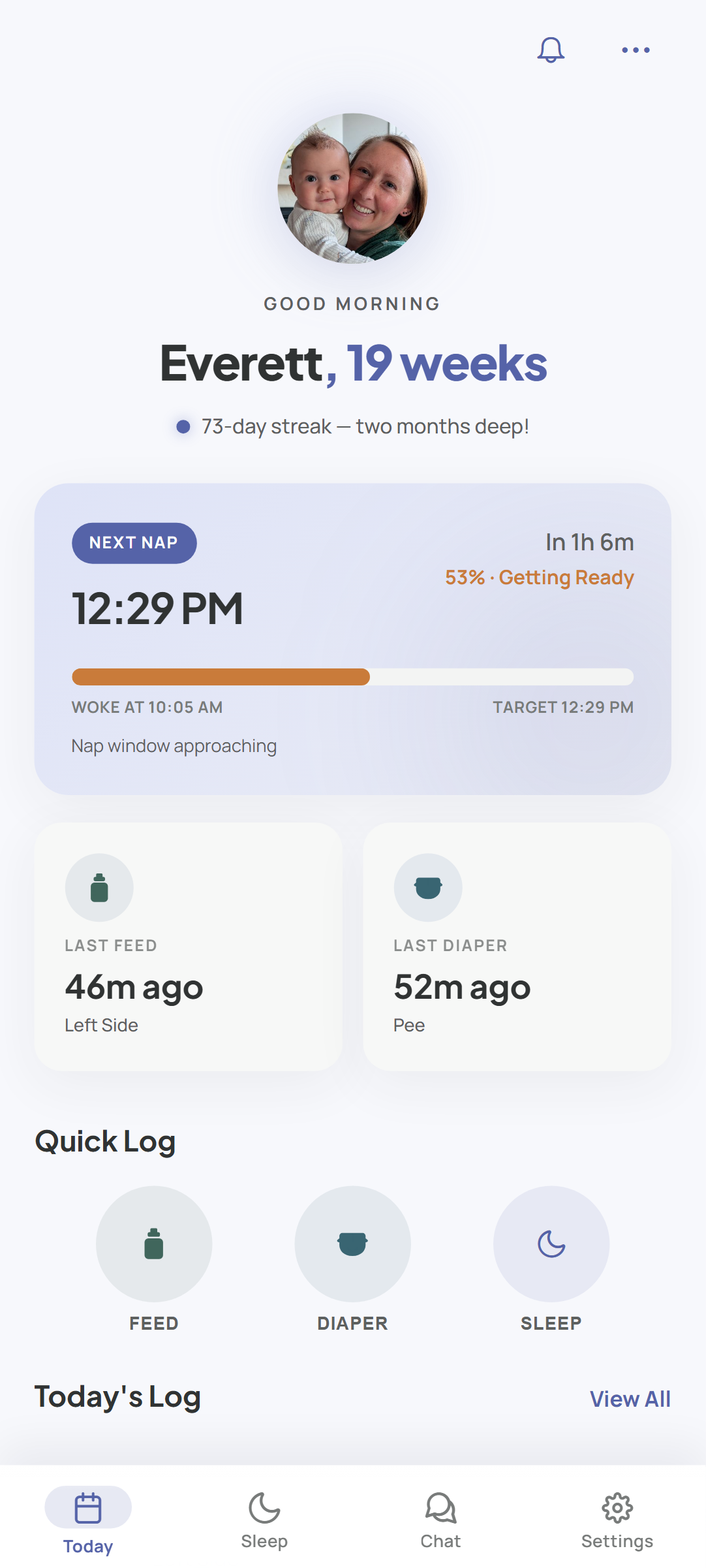 LunaLog dashboard showing a newly logged update on the shared baby timeline