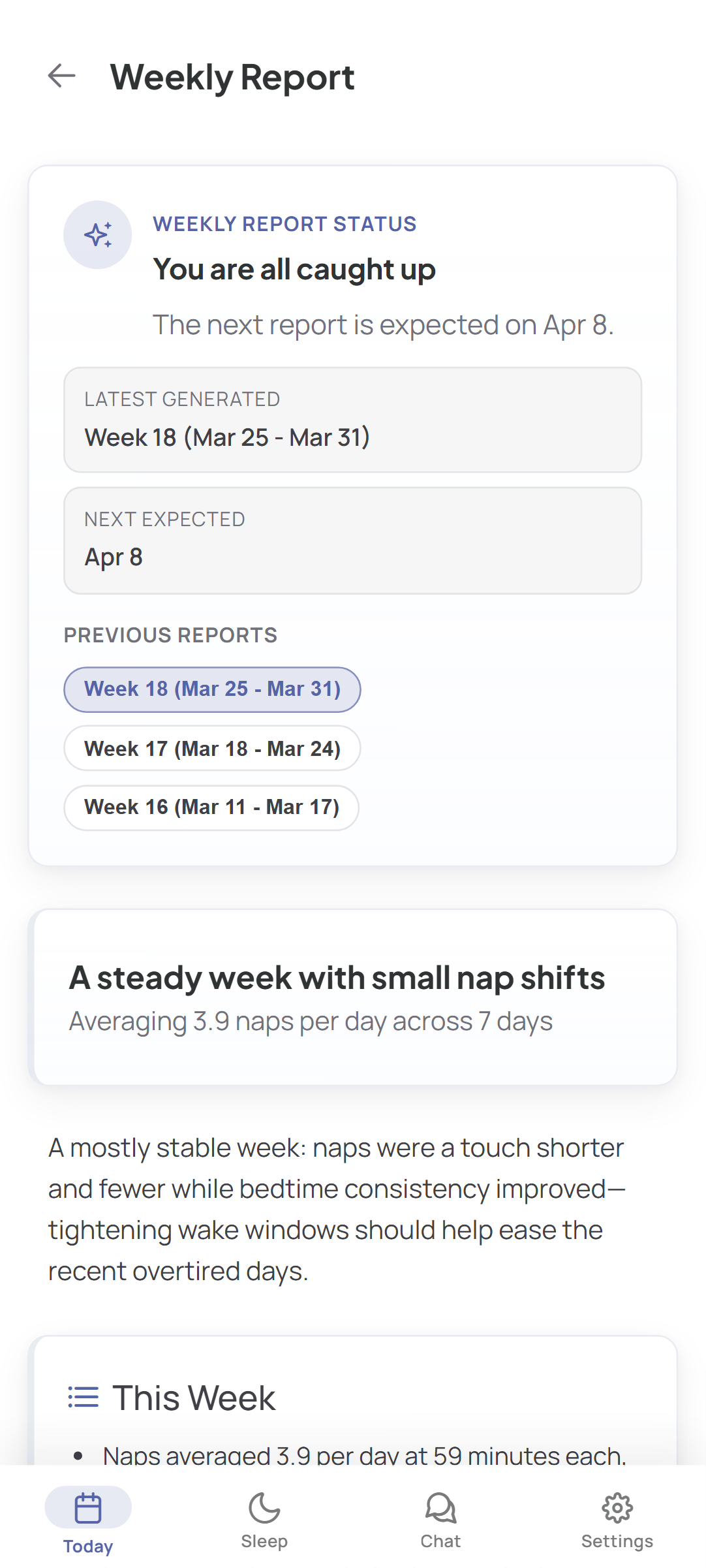 LunaLog weekly summary of sleep and feeding trends