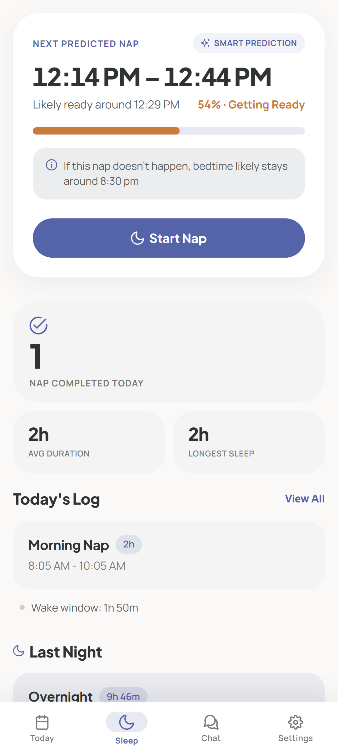 LunaLog nap view with recent rhythm and next nap timing