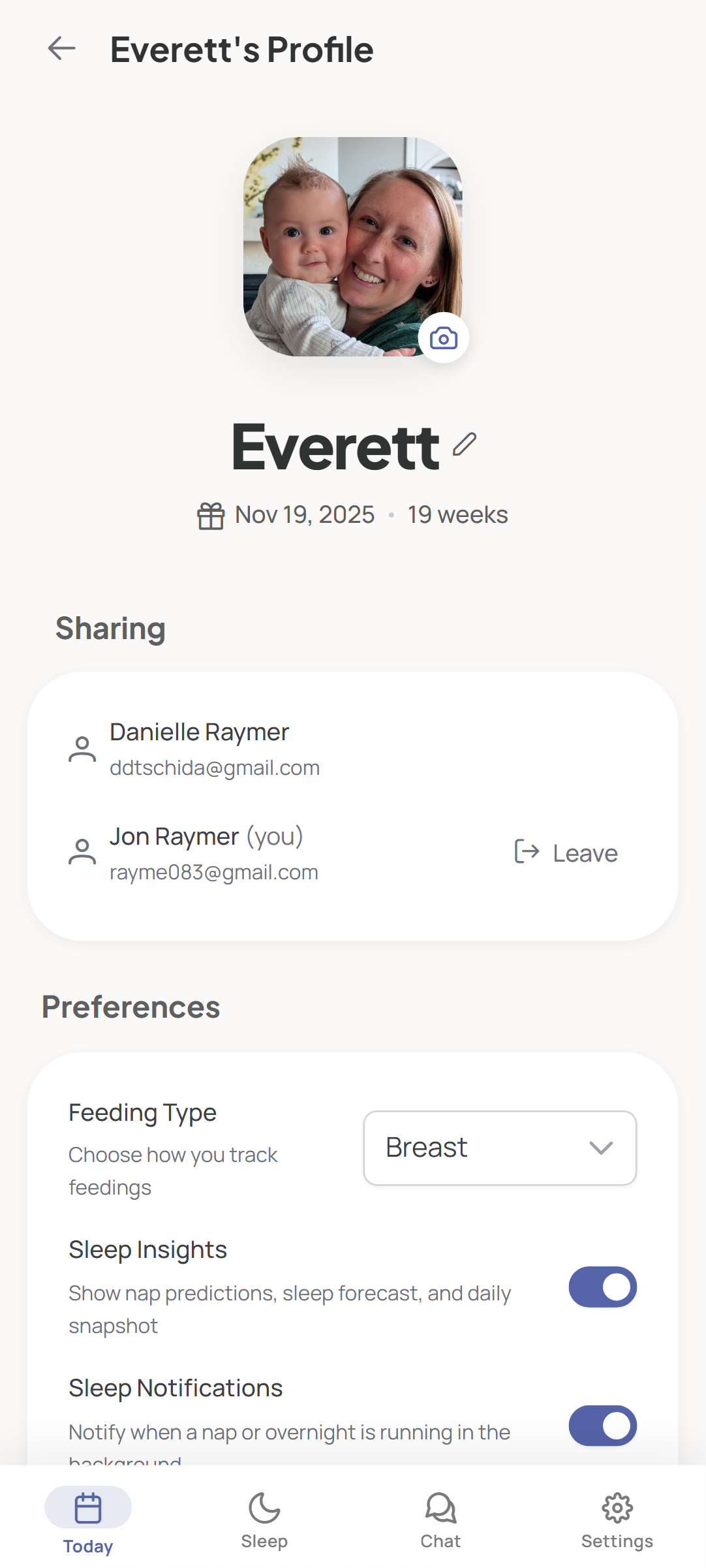 LunaLog caregiver sharing screen in light mode